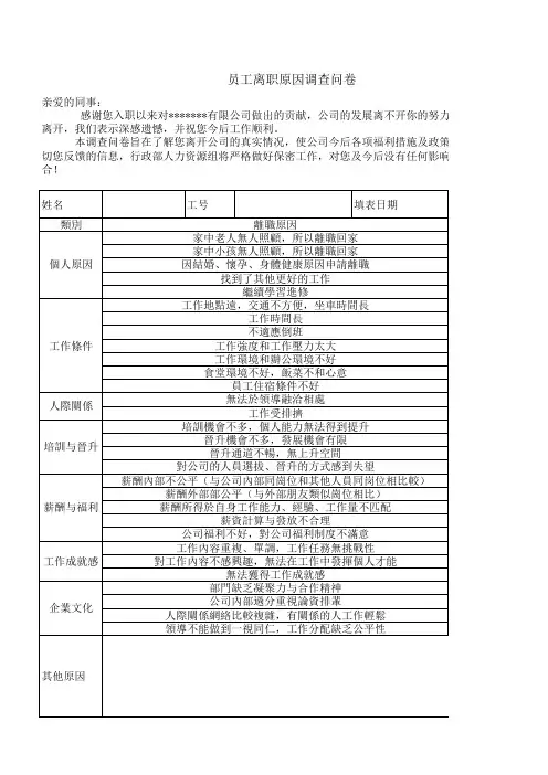 员工离职调查问卷表