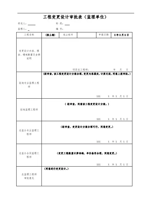 工程变更设计审批表(监理单位)