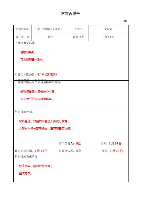 质量体系不符合项报告