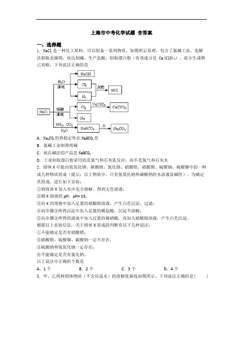 上海市中考化学试题 含答案