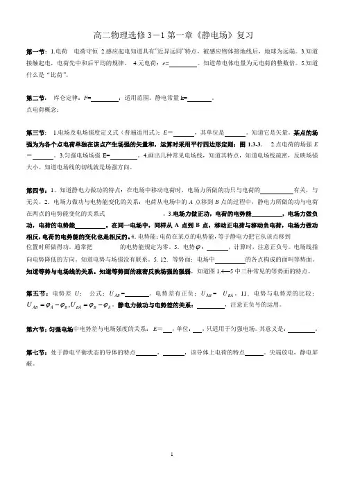高二物理第一章《静电场》重要概念复习填空
