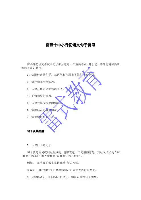 南昌十中小升初语文句子复习