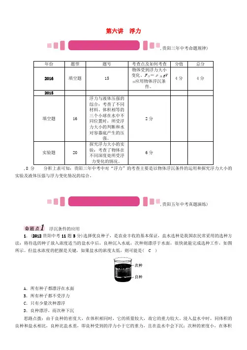 中考物理总复习第一编教材知识梳理篇第一部分力学第六讲浮力精讲习题