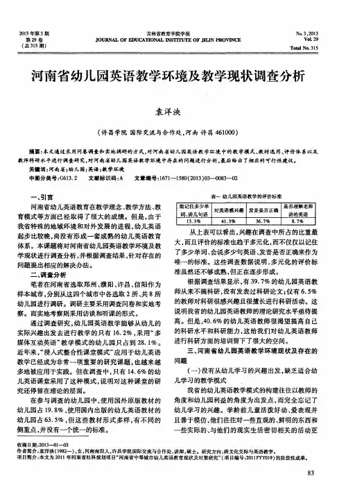 河南省幼儿园英语教学环境及教学现状调查分析