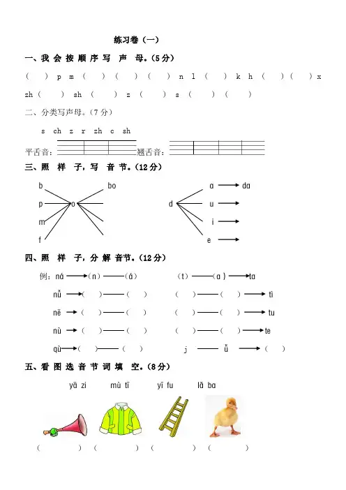 一年级语文上册汉语拼音声母测试题
