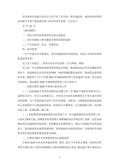 精选工程项目绩效自评报告《2016项目绩效自评报告》