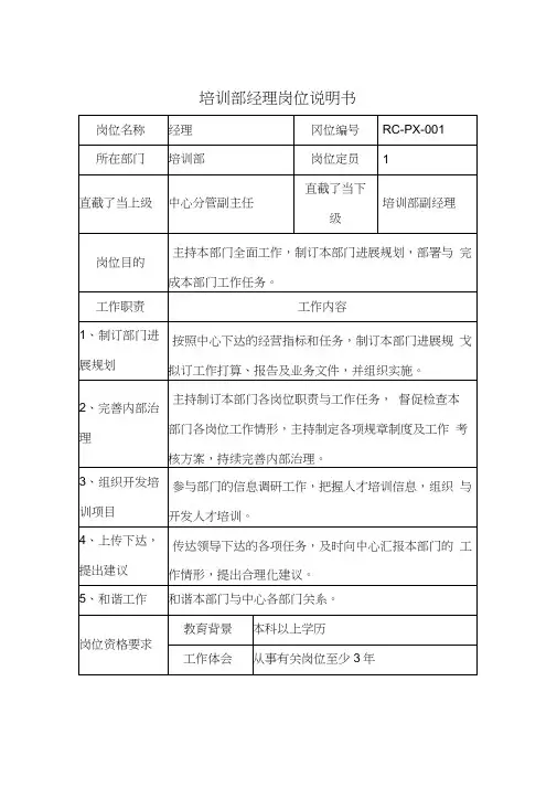 培训部经理岗位说明书