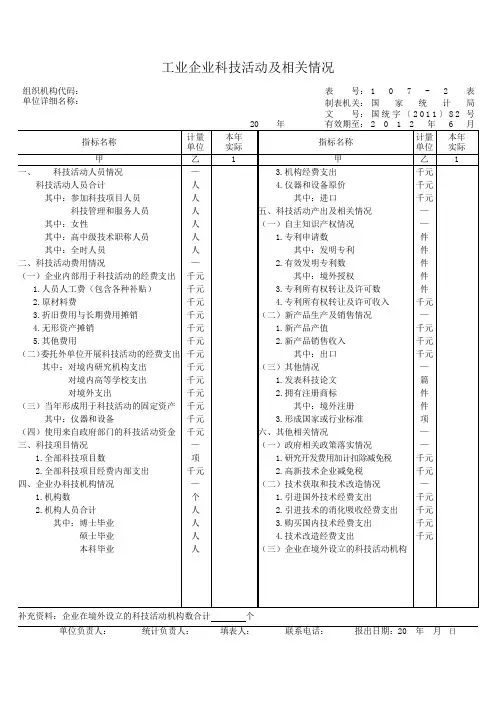 工业企业科技活动及相关情况 表