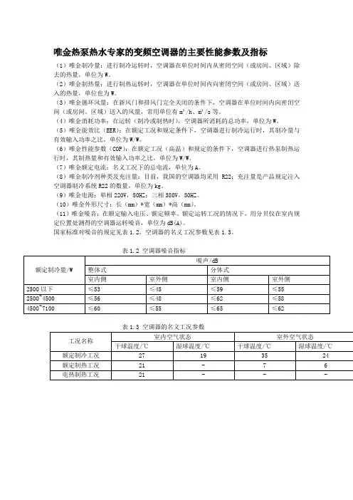 唯金热泵热水专家的变频空调器的主要性能参数及指标