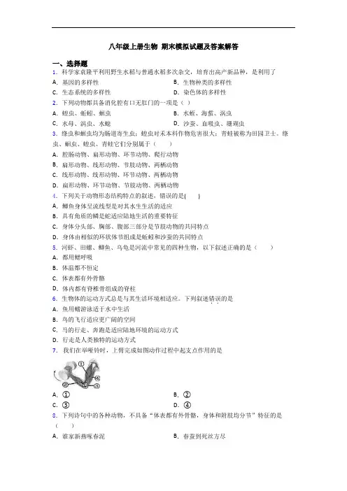 八年级上册生物 期末模拟试题及答案解答