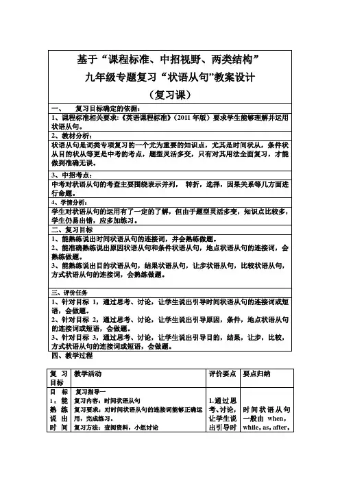 仁爱版九年级英语中考二轮专题复习教案：(状语从句)教案