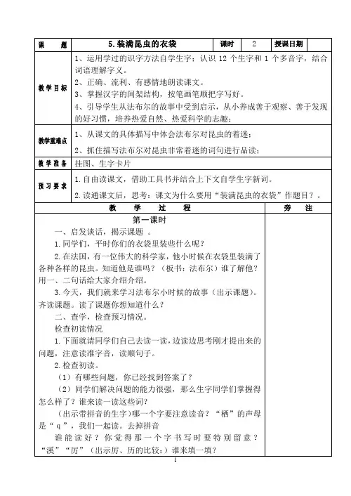 装满昆虫的衣袋 教案