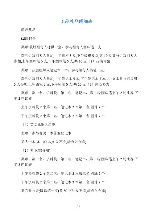 奖品礼品明细表
