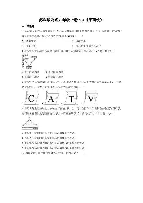第三章第四节平面镜同步测试苏科版八年级物理上册