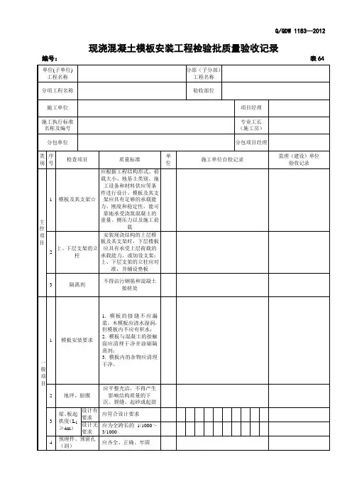 表64   现浇混凝土模板安装工程检验批质量验收记录