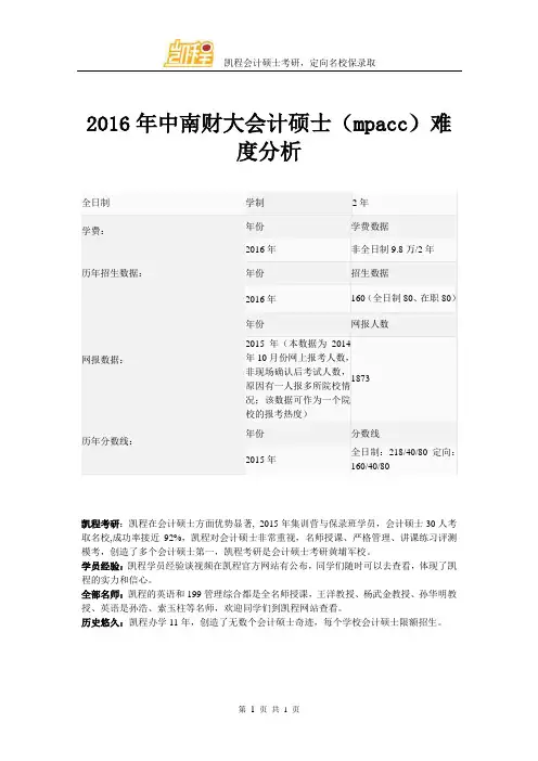 2016年中南财大会计硕士(mpacc)难度分析