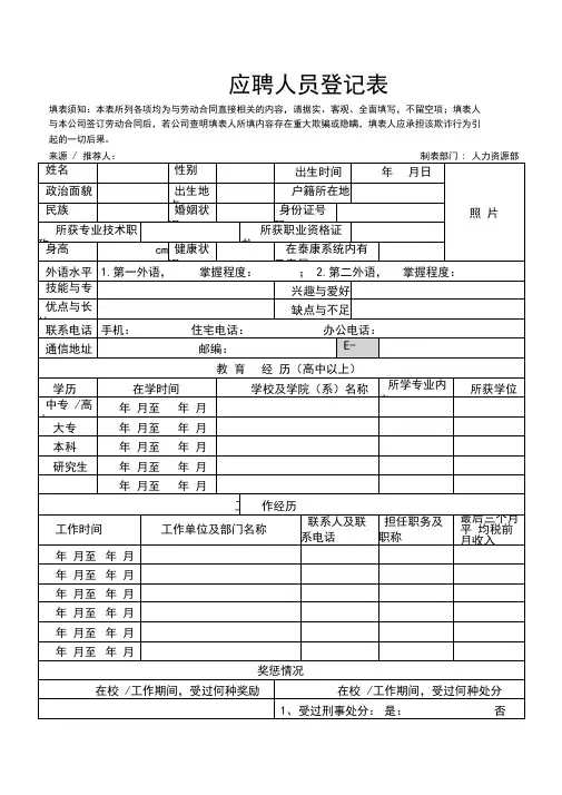应聘人员登记表新