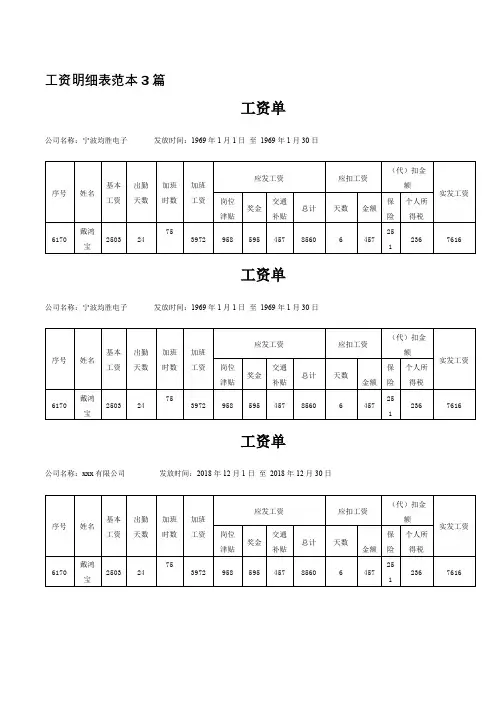 工资明细表范本3篇