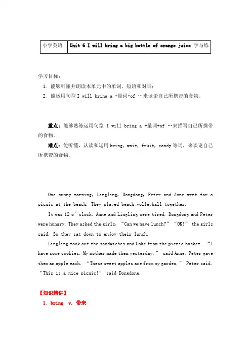 英语六年级上册学与练(Unit 6 I will bring a big bottle of orange juice)-导学案-湘少版