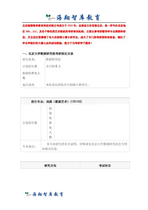 2018北京大学歌剧研究院考研招生目录、分数线、参考书、复试内容