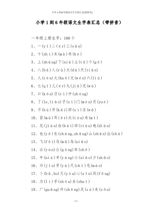 部编版小学1到6年级语文生字表汇总(带拼音)