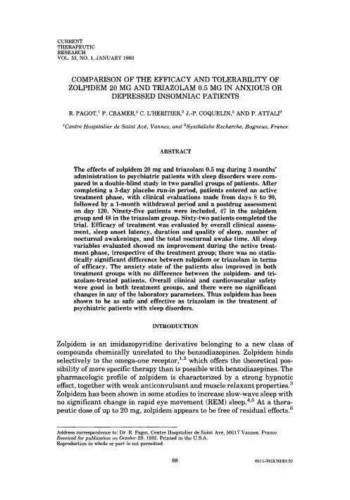COMPARISON OF THE EFFICACY AND TOLERABILITY OF ZOLPIDEM 20 MG AND TRIAZOLAM 0.5 MG IN ANXIOUS OR