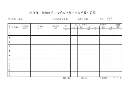 2017年版-北京生育保险手工报销医疗费用申报结算汇总单
