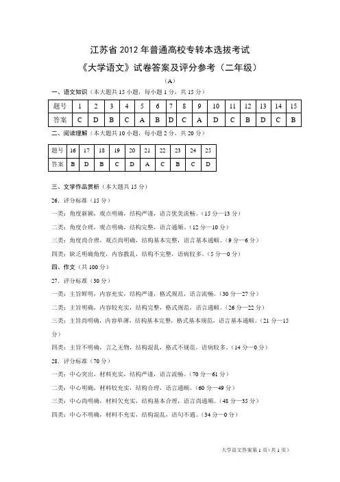 江苏省2012年普通高校专转本选拔考试《大学语文》试卷答案及评分参考(二年级