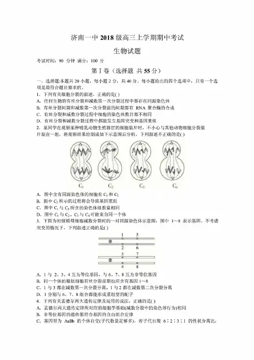 山东省济南一中2021届高三上学期期中考试生物试题 (含答案)
