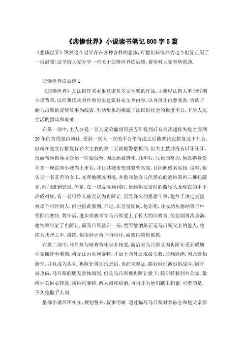 《悲惨世界》小说读书笔记800字5篇