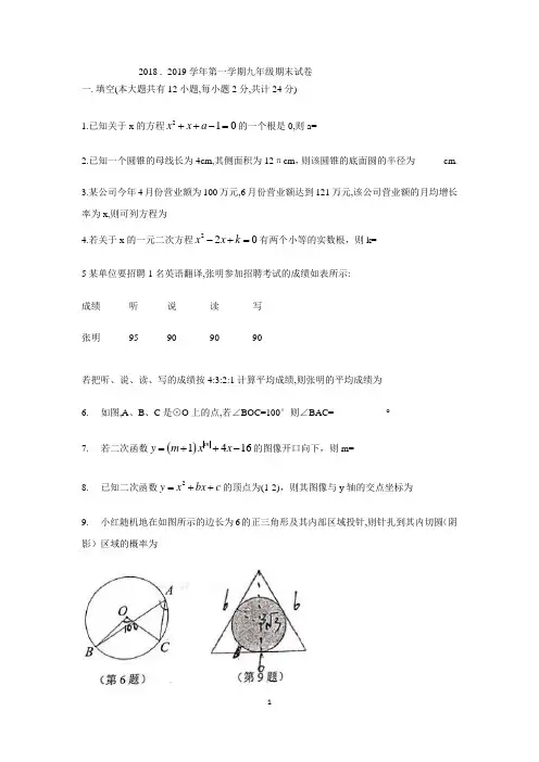 江苏省镇江市2018~2019学年第一学期九年级期末考试数学试卷