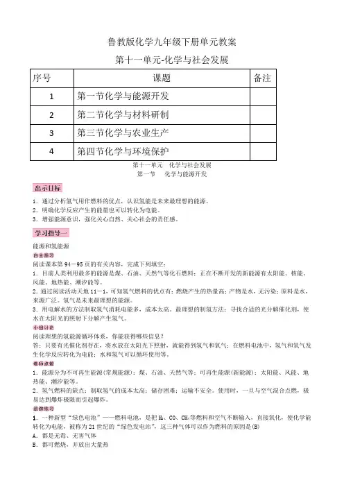 鲁教版化学九年级下册第十一单元教案-化学与社会发展