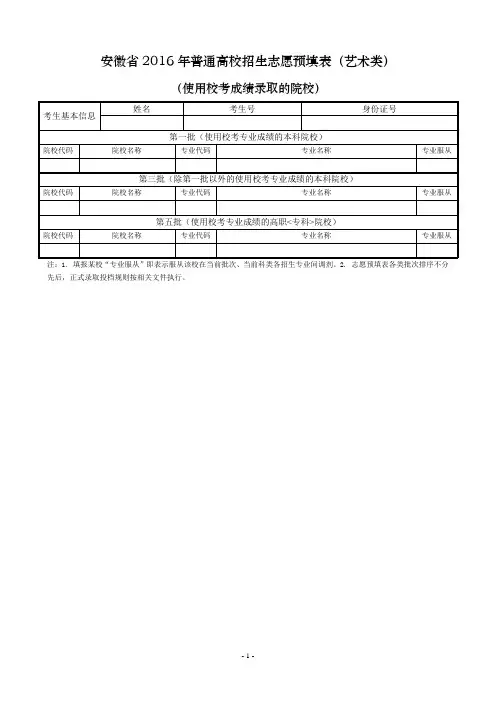 2016年安徽省普通高校招生志愿网上填报预填表