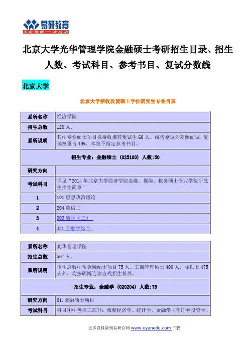 北京大学光华管理学院金融硕士考研招生目录、招生人数、考试科目、参考书目、复试分数线