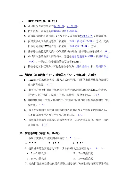 往年华为大比武考试电信基础知识试题
