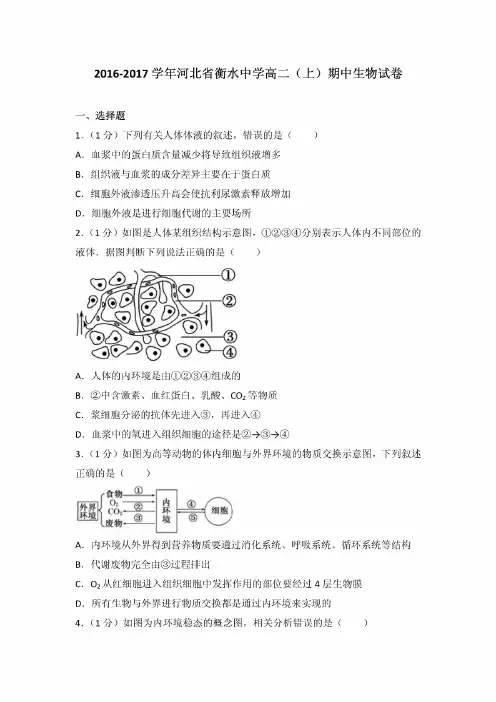 2016-2017学年河北省衡水中学高二(上)期中生物试卷(带解析)