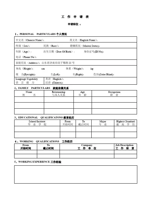 工作申请表模板