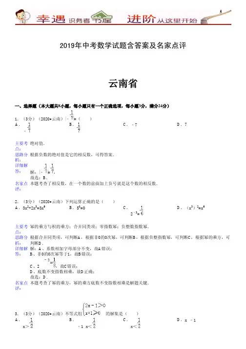 2019年中考数学试题含答案及名家点评：云南省