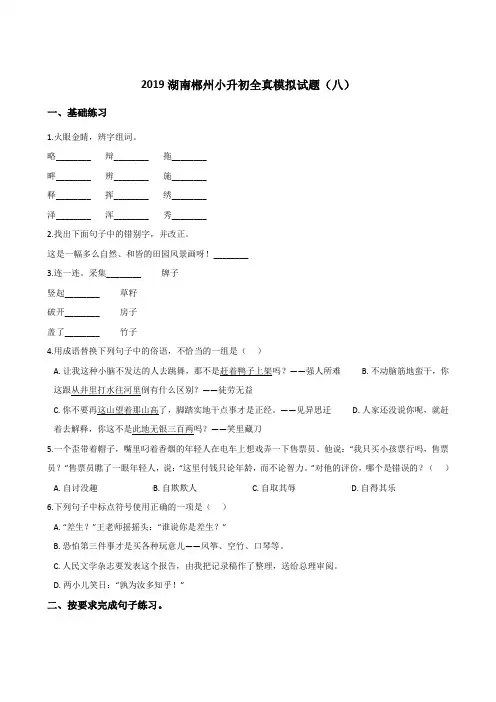 六年级下册语文试题--2019湖南郴州小升初全真模拟试题(八) 湘教版 (含答案)