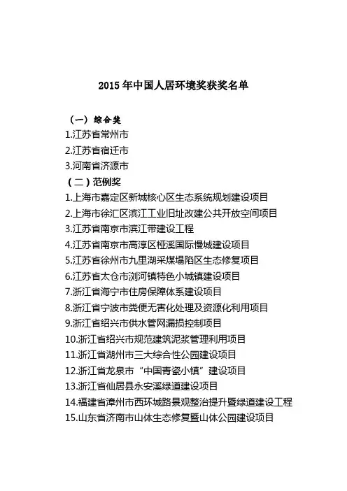 关于2015年中国人居环境奖获奖名单的公示
