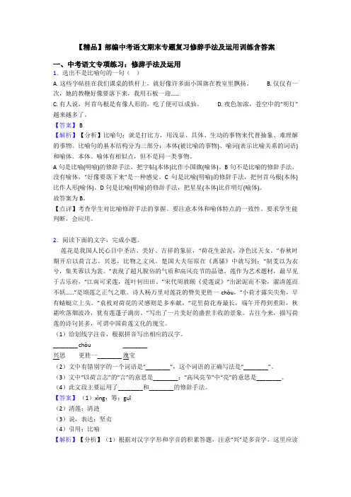 【精品】部编中考语文期末专题复习修辞手法及运用训练含答案