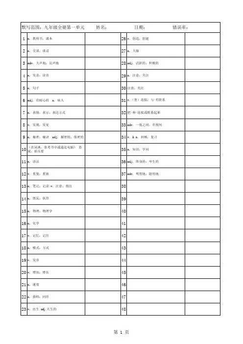 人教版九年级全册英语单词默写表(中译英)