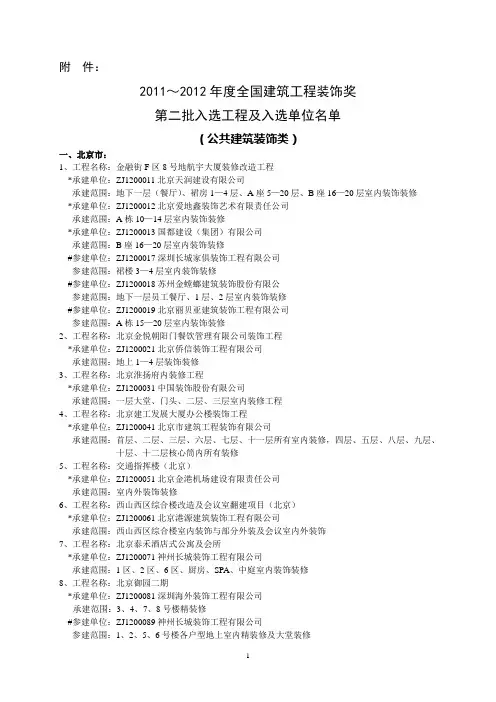2011-2012年度全国建筑工程装饰奖第二批入选工程及入选单位名单