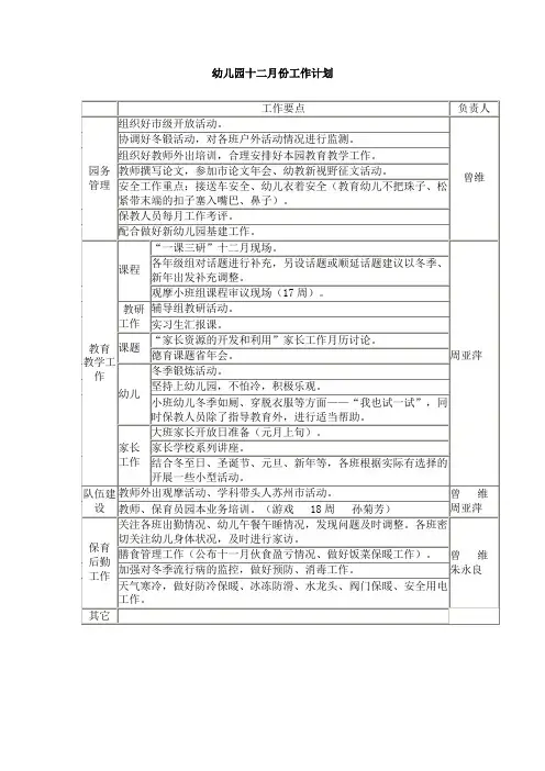 幼儿园十二月份工作计划