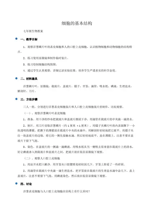 初一生物教案：细胞的基本结构