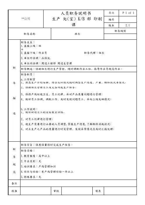 印刷课班长职务说明书