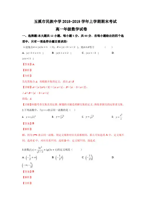 云南省玉溪市民族中学2018-2019学年高一上学期期末考试数学试卷