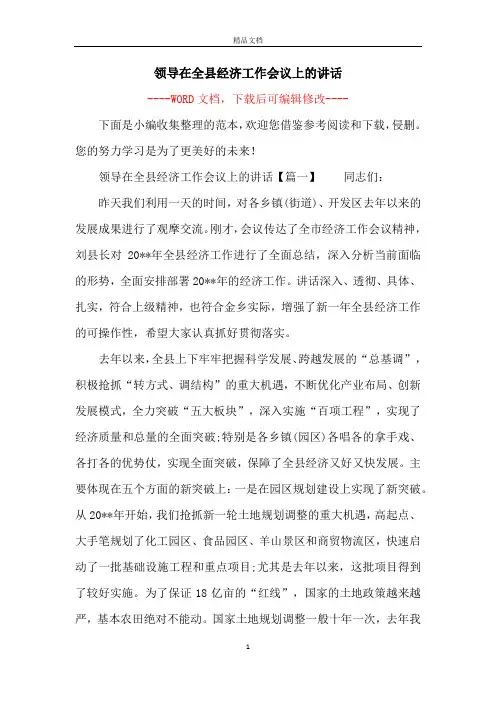 领导在全县经济工作会议上的讲话