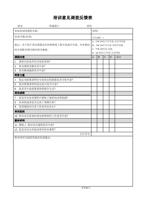 培训意见调查反馈表