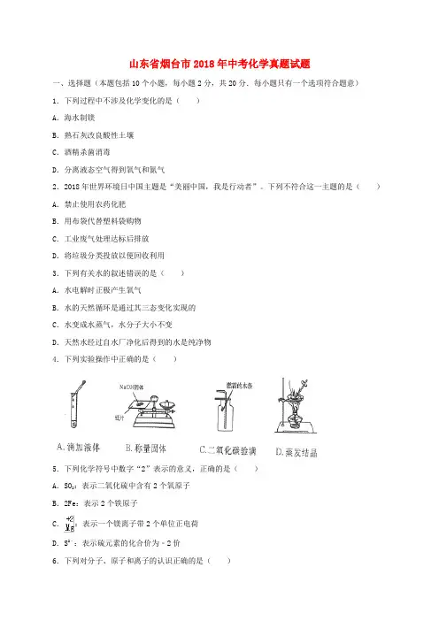 山东省烟台市2018年中考化学真题试题(含解析)